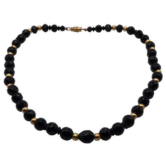 Vintage Black Faceted Czech Glass Gold Plate Bead Necklace 17" Long Choker - Picture 2 of 7